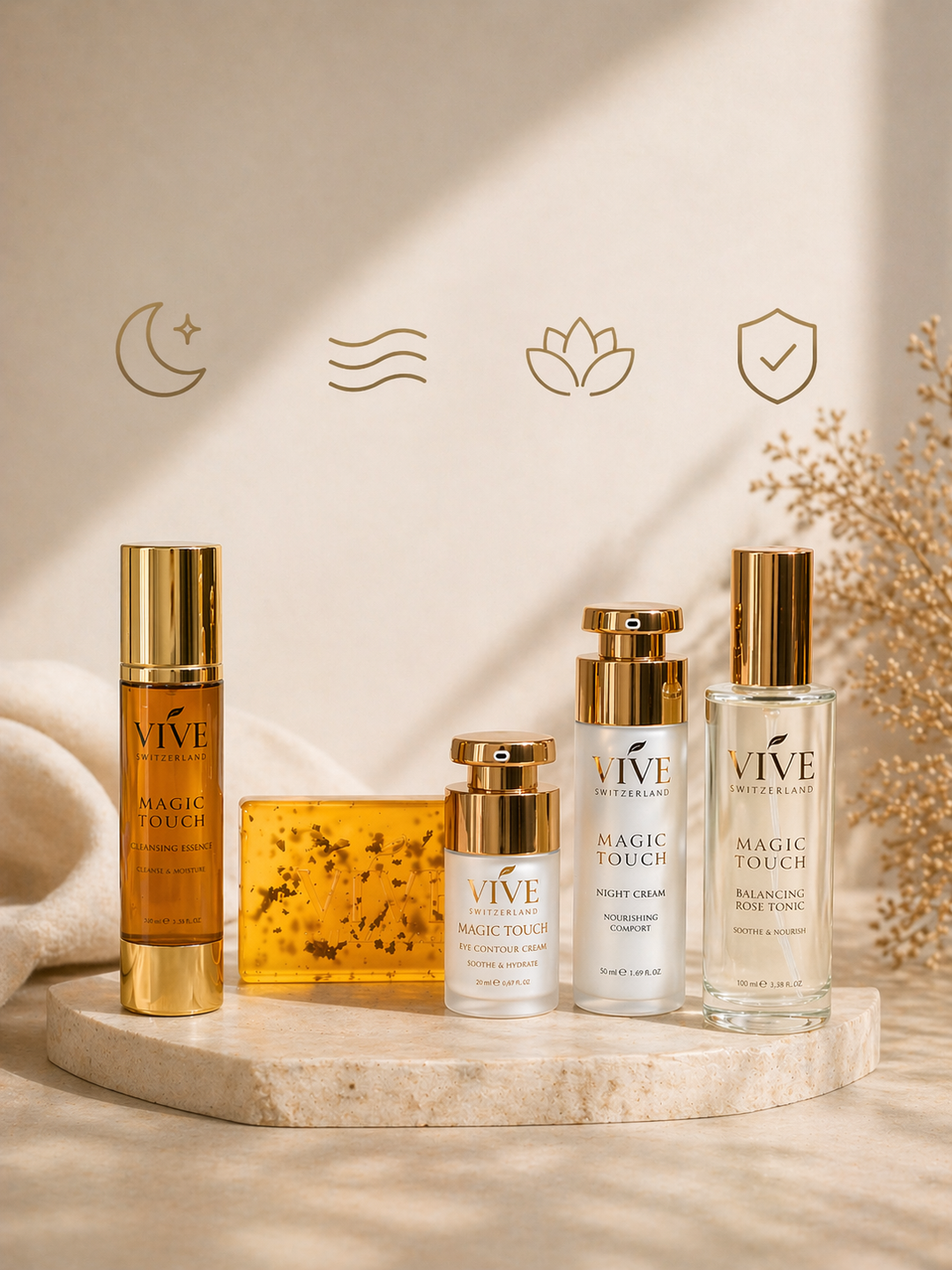 Evening Ritual Bundle. Magic Touche Cleansing Essence, Soap 24K, Eye Contur Cream, Night Cream, Balancing Tonic Rose Tonic