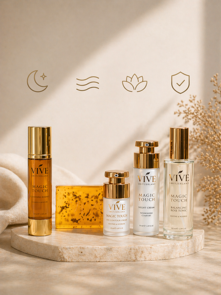 Evening Ritual Bundle. Magic Touche Cleansing Essence, Soap 24K, Eye Contur Cream, Night Cream, Balancing Tonic Rose Tonic