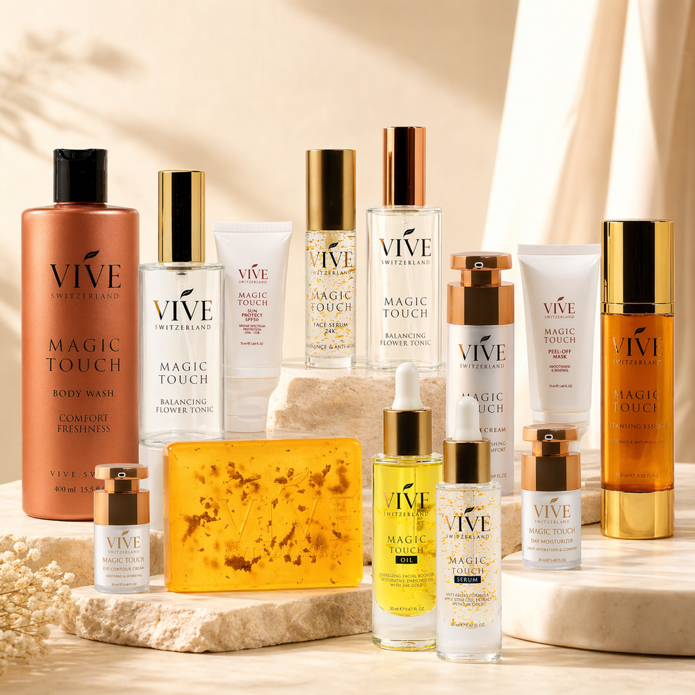 VIVE Switzerland komplettes Ritual, Body Wash, Balancing Tonic Flower & Tonic, Sun Protect, Face Serum 24K, Balancing Tonic Rose Tonic, Nicht Cream, Peel-off Mask, Cleansing Essence, Eye countur Cream, Soap 24K, Oil 24K, Face Serum 24K, Day Moisturizer