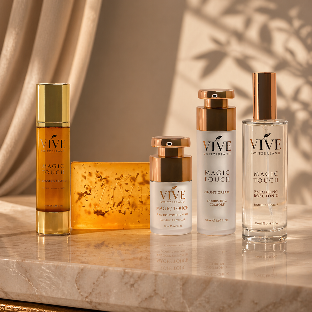 VIVE Switzerland Evening Ritual. Cleansing Essence, Eye Contour Cream, Night Cream, Balancing Tonic Rose